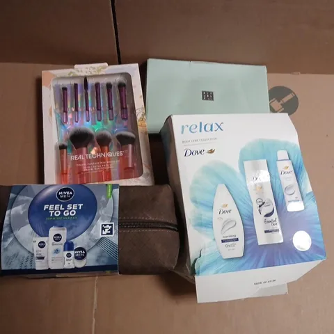 HEALTH & BEAUTY GIFT SET: REAL TECHNIQUES MAKEUP BRUSHES, DOVE BODY CARE & NIVEA MEN KIT