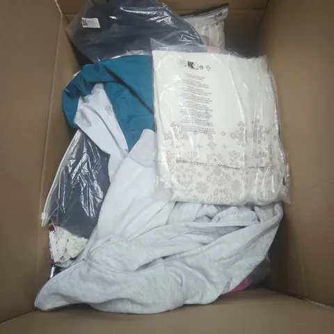 BOX OF APPROXIMATELY 25 ASSORTED CLOTHING ITEMS IN VARIOUS STYLES , COLOURS AND SIZES 