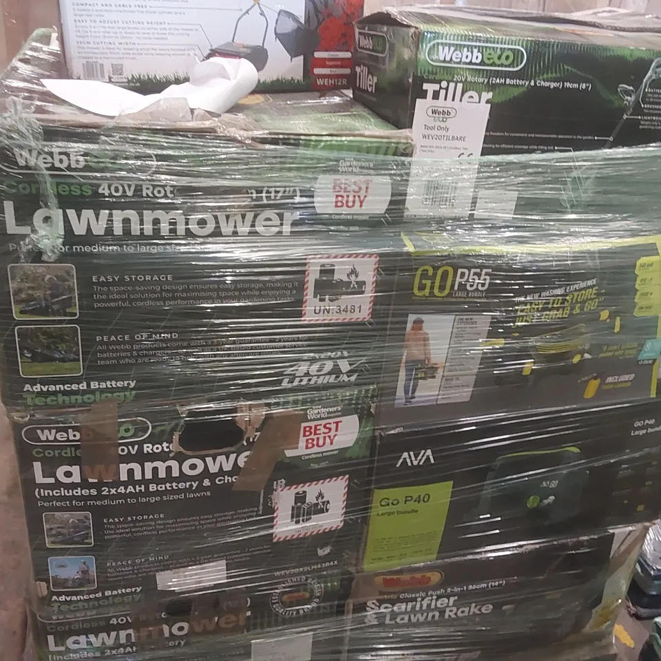 PALLET CONTAINING A VERY LARGE QUANTITY OF ASSORTED GARDEN TOOLS INCLUDING: WEBBECO CORDLESS 40V LAWN MOWERS, WEBB MANUAL LAWN MOWER, WEBB CORDLESS 20V ROTARY TILLER, PRESSURE WASHER, POWERBASE 20V CO