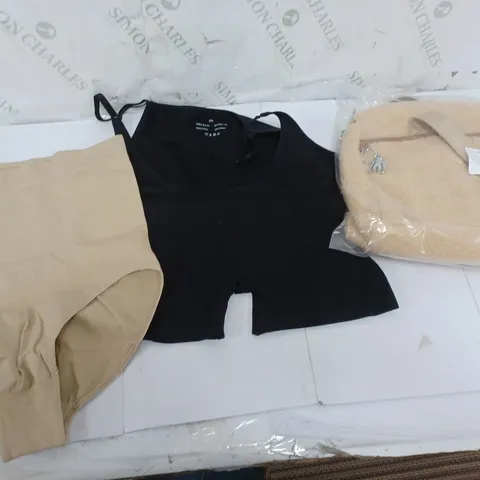 BOX OF 10 ASSORTED CLOTHING ITEMS TO INCLUDE BLACK SHAPE WEAR, SHAPEWEAR UNDERWEAR, ETC