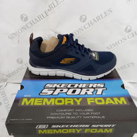 BOXED PAIR OF SKETCHERS TRACK TRAINER IN BLUE/WHITE SIZE 10