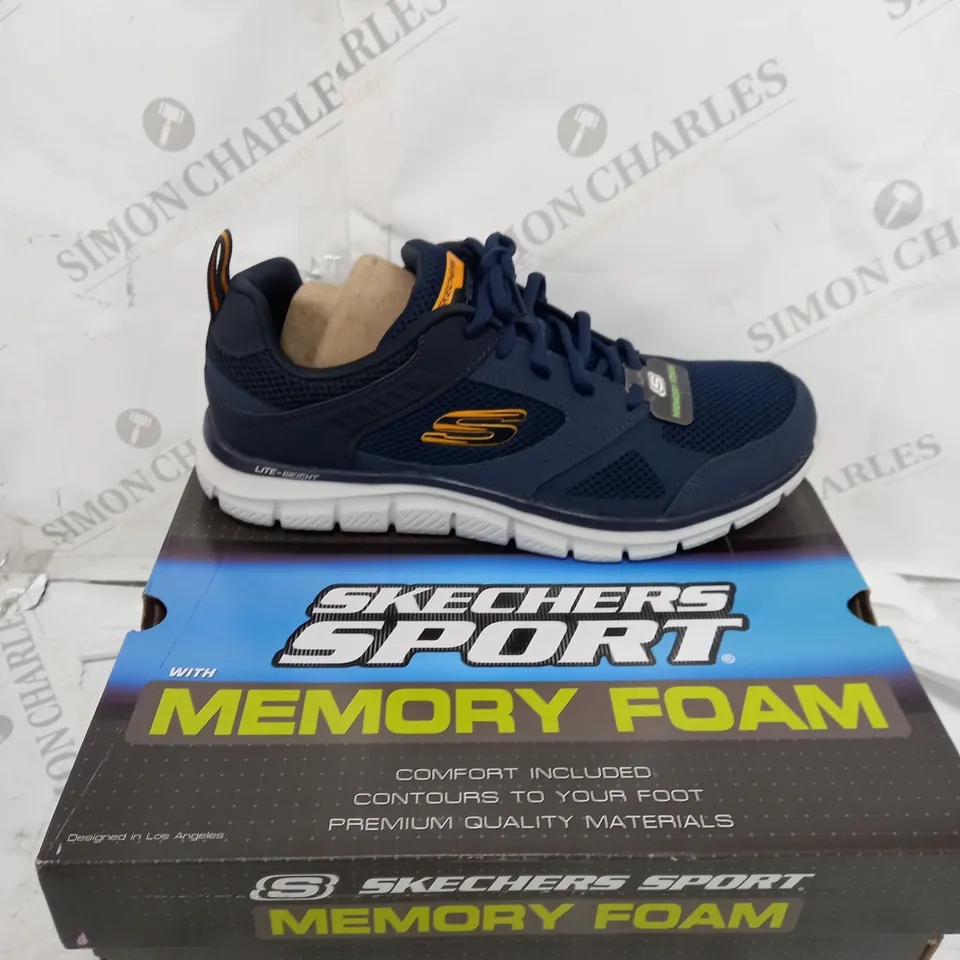BOXED PAIR OF SKETCHERS TRACK TRAINER IN BLUE/WHITE SIZE 10 