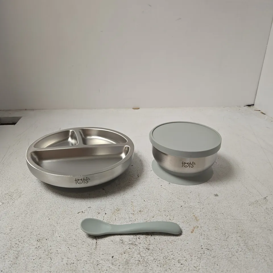TOTS & ME STAINLESS STEEL BABY TABLEWARE GIFT SET – DIVIDED BOWL, CUP WITH LID & SPOON (6M+) BOXED