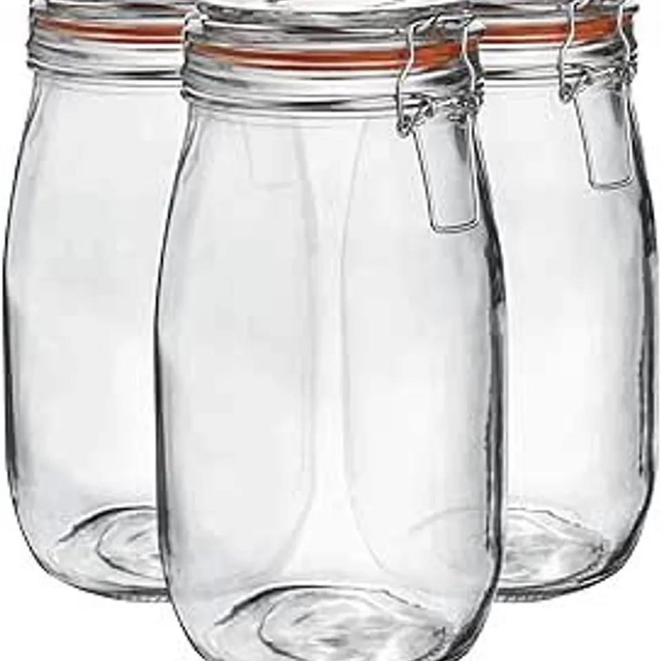 BOXED NEO PACK OF 3 APPROXIMATELY CANISTERS TABLEWARE SCANDI GLASS STORAGE JARS WITH AIRTIGHT SILICONE SEAL METAL CLIP TOP LIDS
