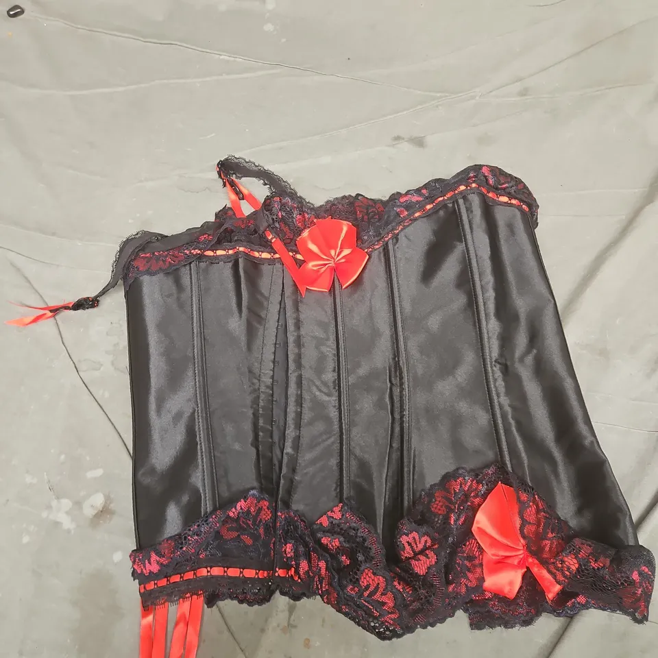 BOX OF APPROXIMATELY 20 ASSORTED CLOTHING ITEMS TO INCLUDE: BLACK AND RED CORSET 