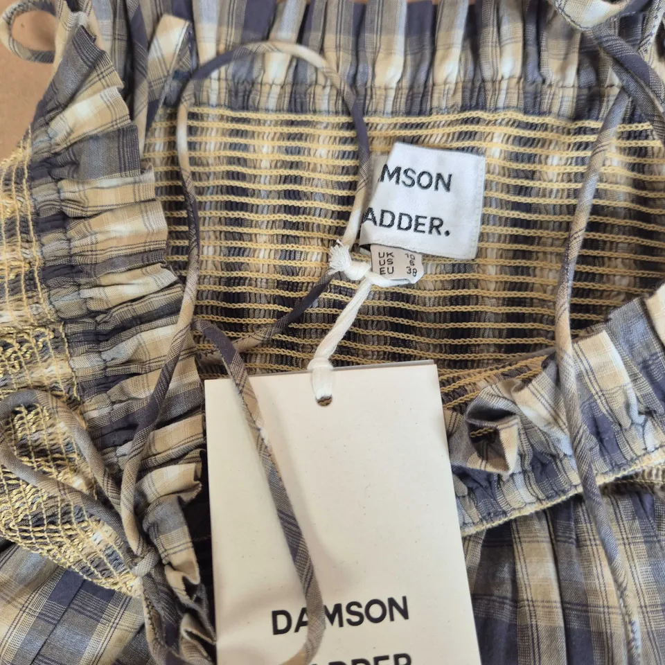 UK 10 DAMSON MADDER PLAID DRESS WITH SMOCKED BODICE