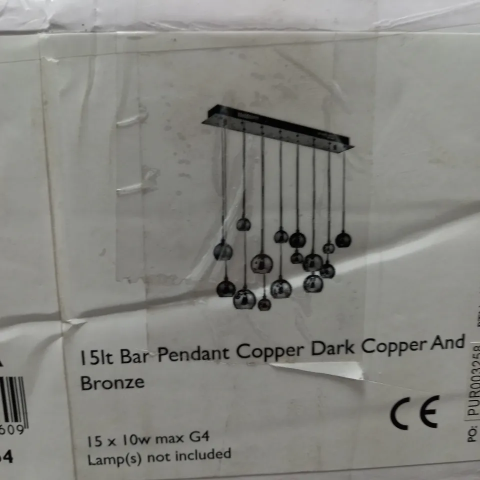 AURELIA 15 LIGHT BAR PENDANT BLACK CHROME & COPPER/BRONZE GLASS