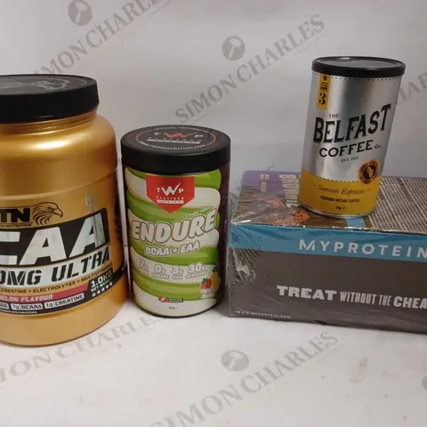 BOX OF 4 ITEMS TO INCLUDE MYPROTEIN PROTEIN BARS, THE BELFAST COFFEE INSTANT COFFEE, TWP ENDURE POWDER