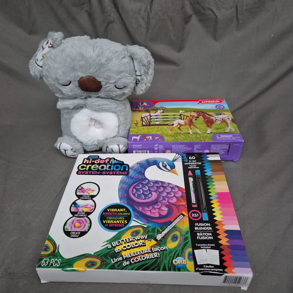 LARGE BOX OF ASSORTED TOYS AND GAMES TO INCLUDE TEDDIES, FIGURES AND PENS