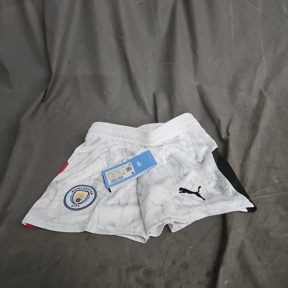 PUMA MCFC KIDS SHORTS – MANCHESTER CITY REPLICA JUNIOR, WHITE MARBLE, UK 7-8Y