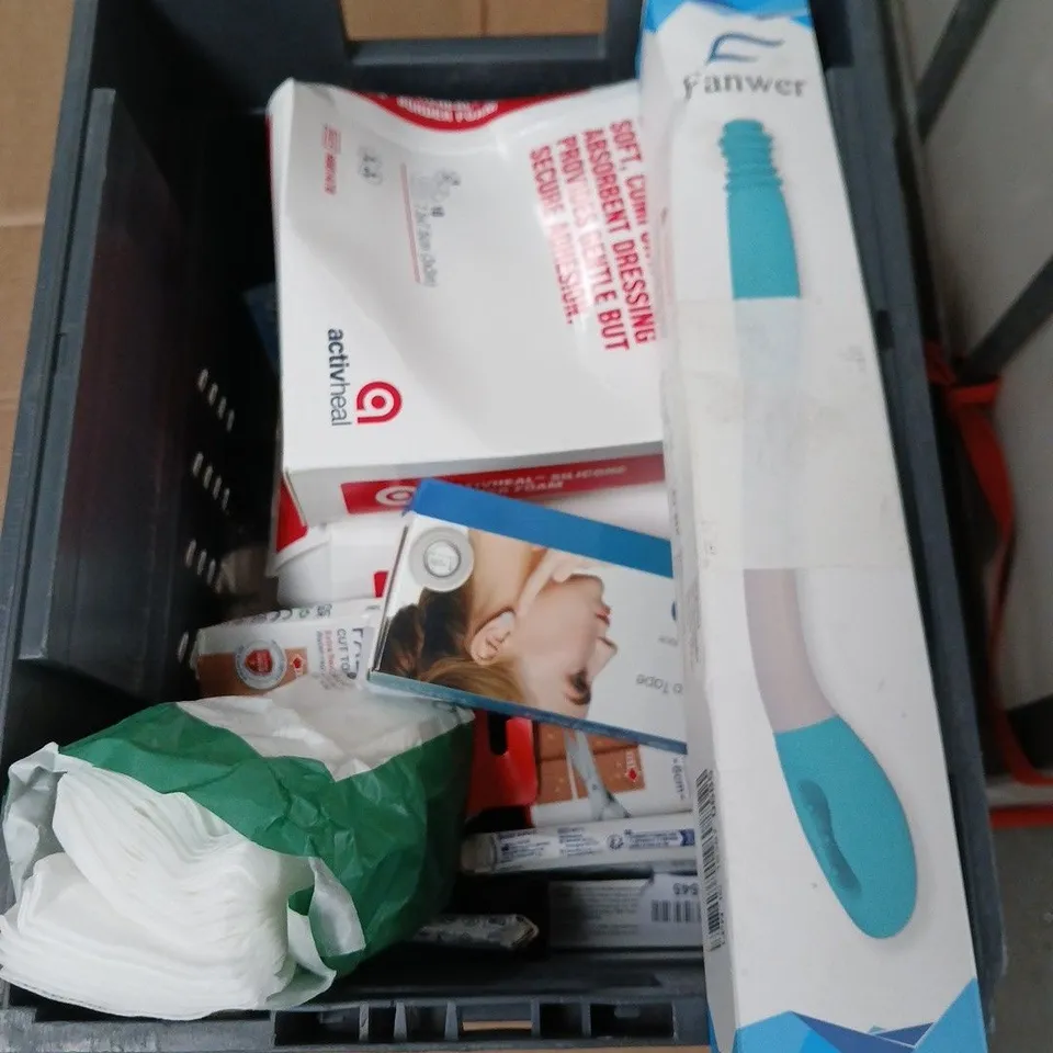 APPROXIMATELY 12 ASSORTED ITEMS INCLUDING DIMPLES TOOTHPASTE , CUSHION GRIP FOR DENTURES AND ELASTOPLAST 