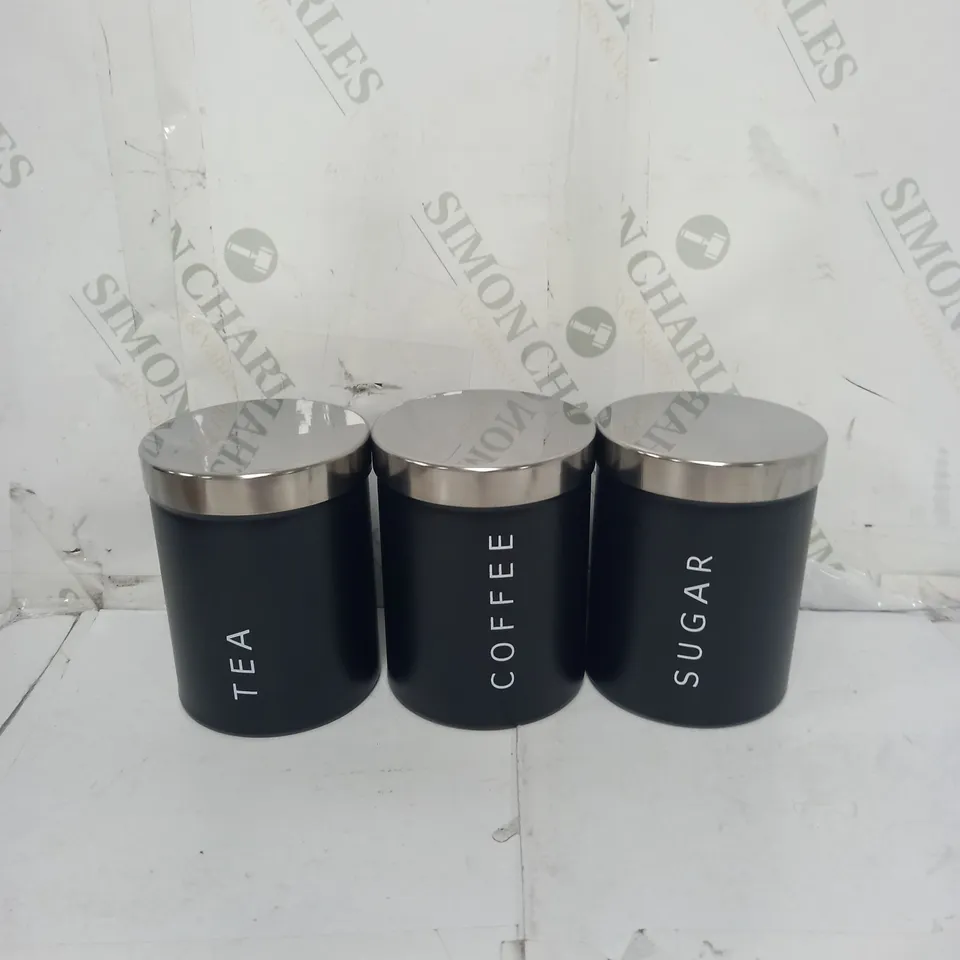 BOXED TEA COFFEE AND SUGAR CANNISTERS IN BLACK WITH CHROME LID
