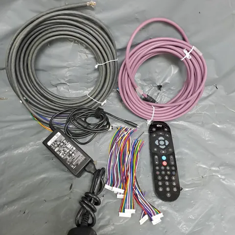 APPROXIMATELY 15 ASSORTED HOUSEHOLD ITEMS TO INCLUDE REPLACEMENT REMOTES, POWER SUPPLIES, COAX CABLE ETC 