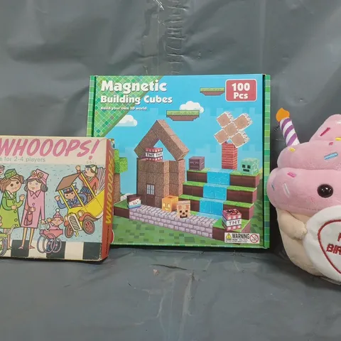 BOX OF APPROXIMATELY 20 ASSORTED TOYS AND GAMES TO INCLUDE SWIZZELS LOVE HEARTS PLUSH, MAGNETIC BUILDING CUBES, WHOOPS GAME, ETC - COLLECTION ONLY