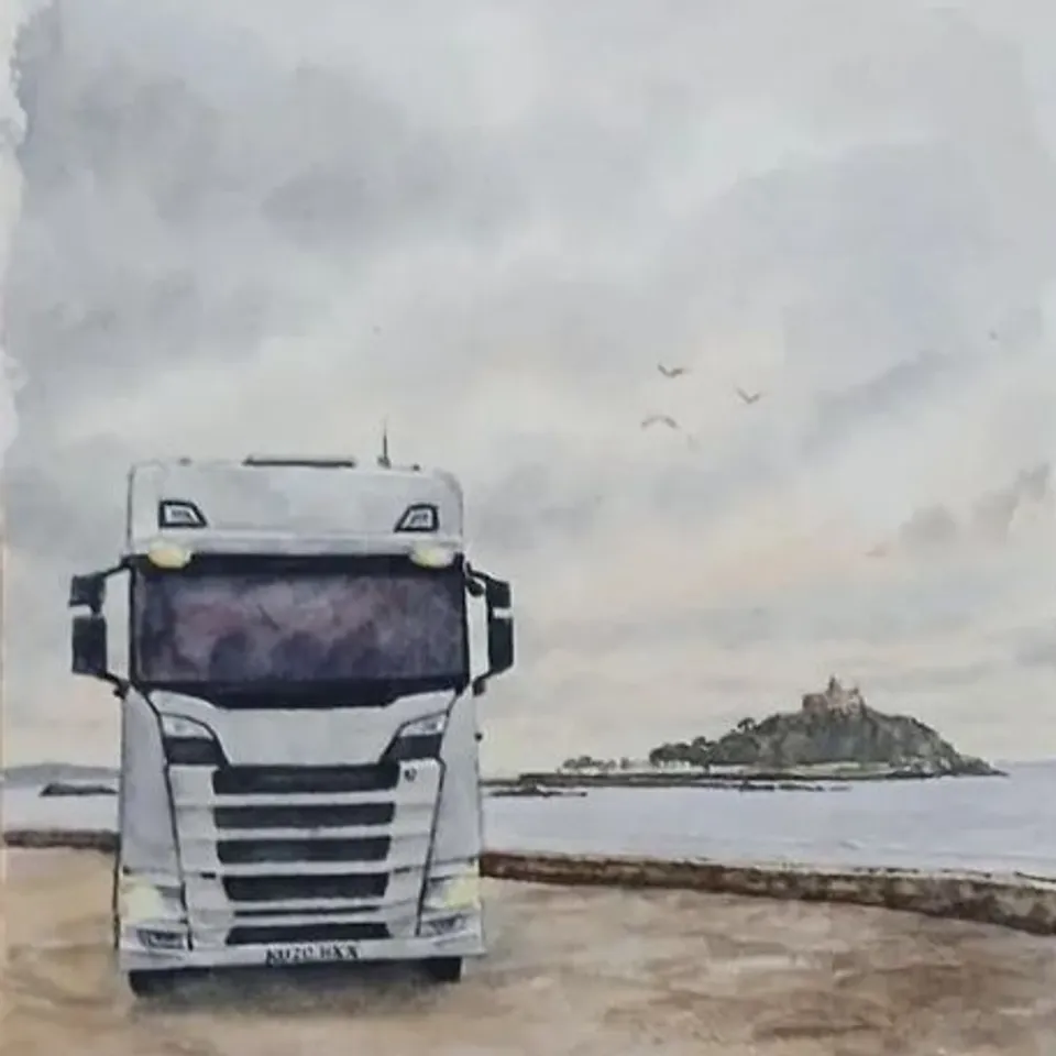 TRUCK ON COASTAL ROAD – PAINTING SIGNED