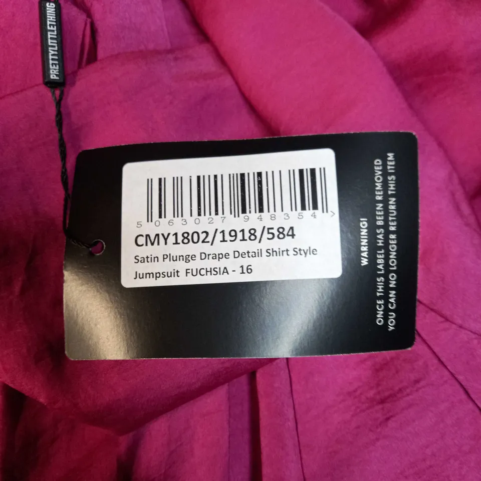PRETTYLITTLETHING FUCHSIA SHIRT STYLE JUMPSUIT - SIZE 16