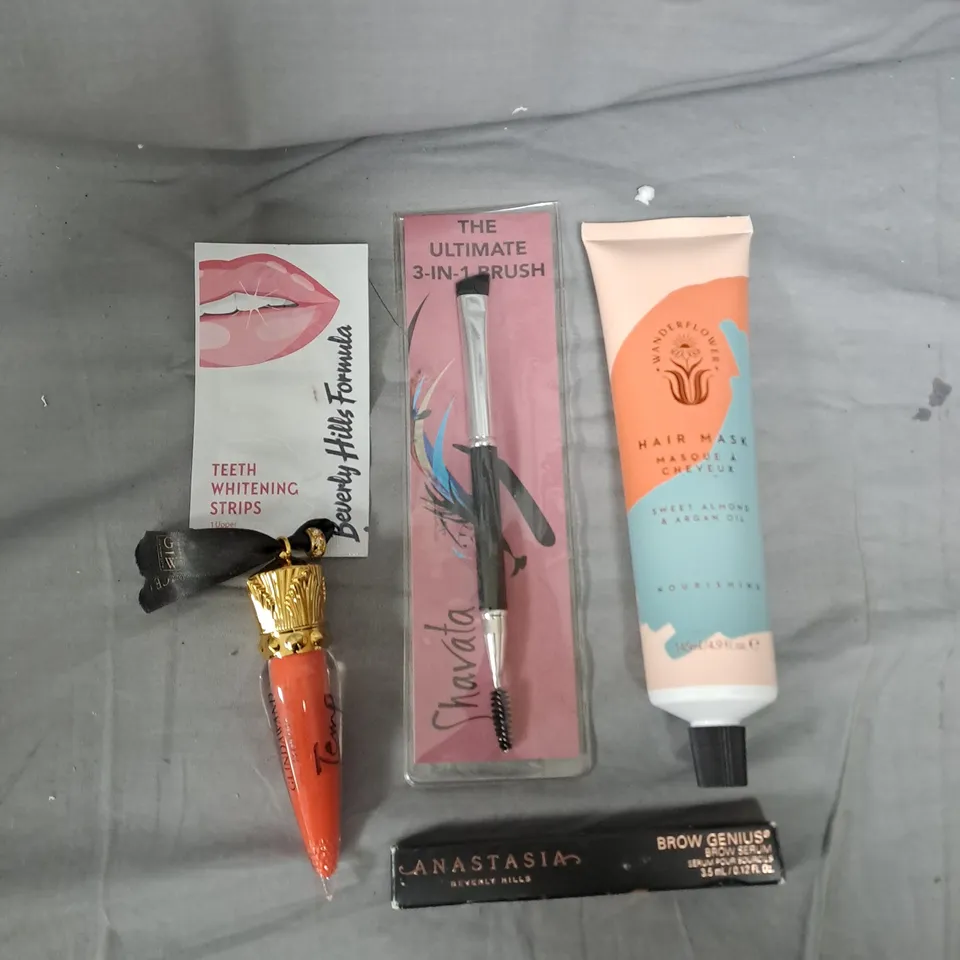 APPROXIMATELY 20 ASSORTED BEAUTY PRODUCTS TO INCLUDE MAKE-UP BRUSH, BROW SERUM, TEETH WHITENING STRIPS ETC 
