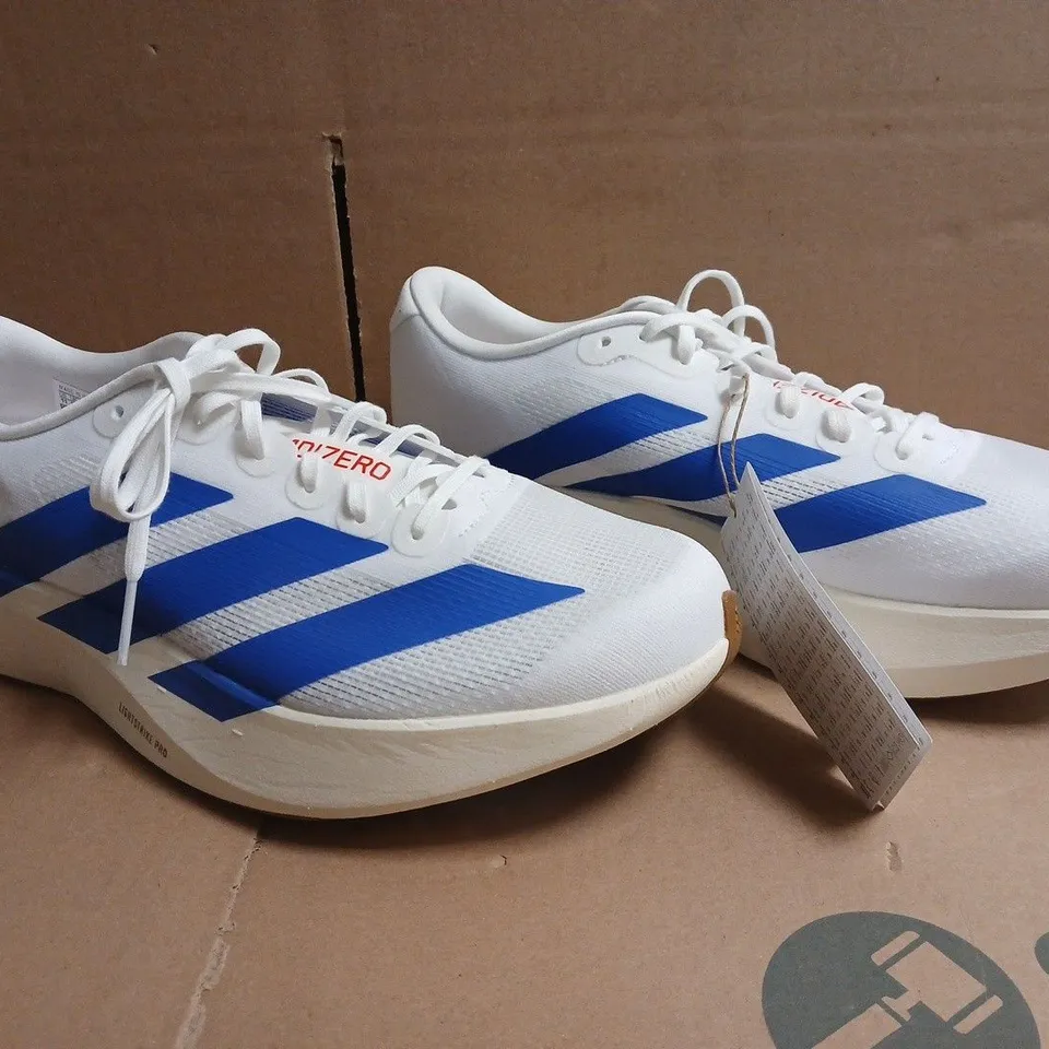 PAIR OF ADIDAS ADIZERO EVO SL TRAINERS IN WHITE/BLUE SIZE UK 10.5
