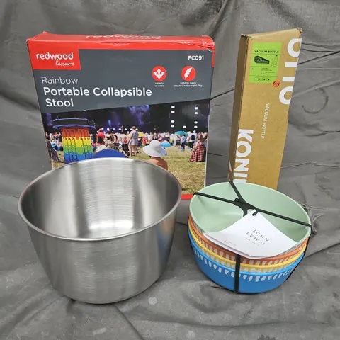 BOX OF APPROXIMATELY 12 ASSORTED HOUSEHOLD ITEMS TO INCLUDE - OTTO KONING WATER BOTTLE - RAINBOW COLLAPSIBLE STOOL - SET OF 4 BOWLS - ETC