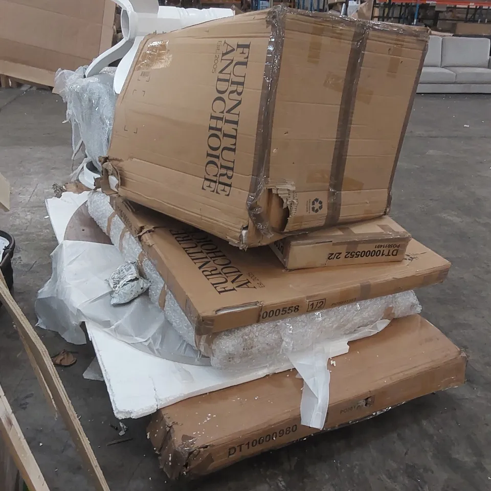 PALLET CONTAINING A LARGE ASSORTMENT OF INCOMPLETE DESIGNER FURNITURE PARTS ECT