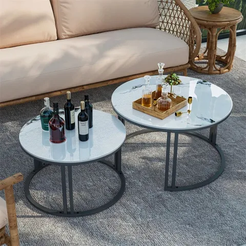 BOXED LARGE ROUND NESTING COFFEE TABLE SET OF 2 SINTERED STONE COFFEE TABLES (1 BOX)
