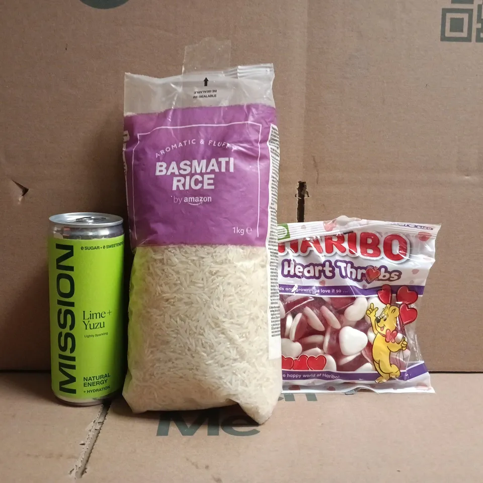 APPROXIMATELY 10 ASSORTED FOOD AND DRINK ITEMS TO INCLUDE HARIBO, BASMATI RICE, MISSION, ETC