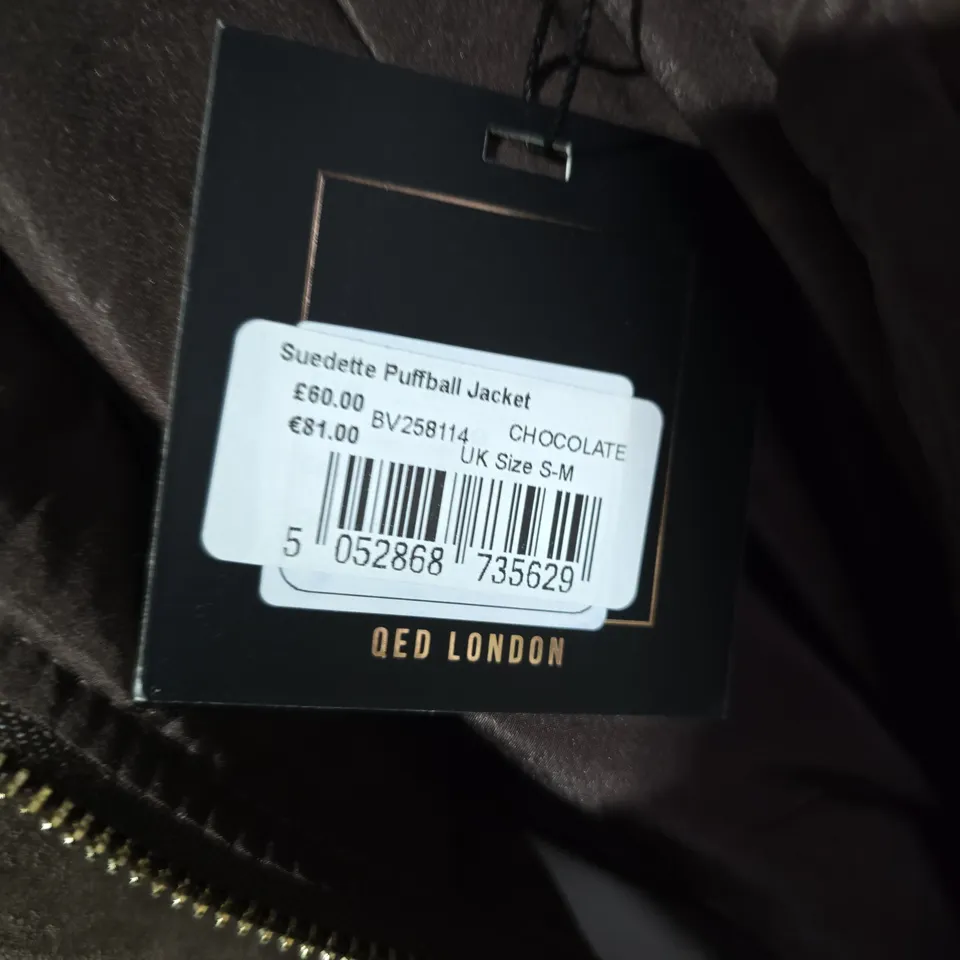 QED LONDON SUEDETTE PUFFBALL JACKET - CHOCOLATE, UK SIZE S-M (WOMEN)