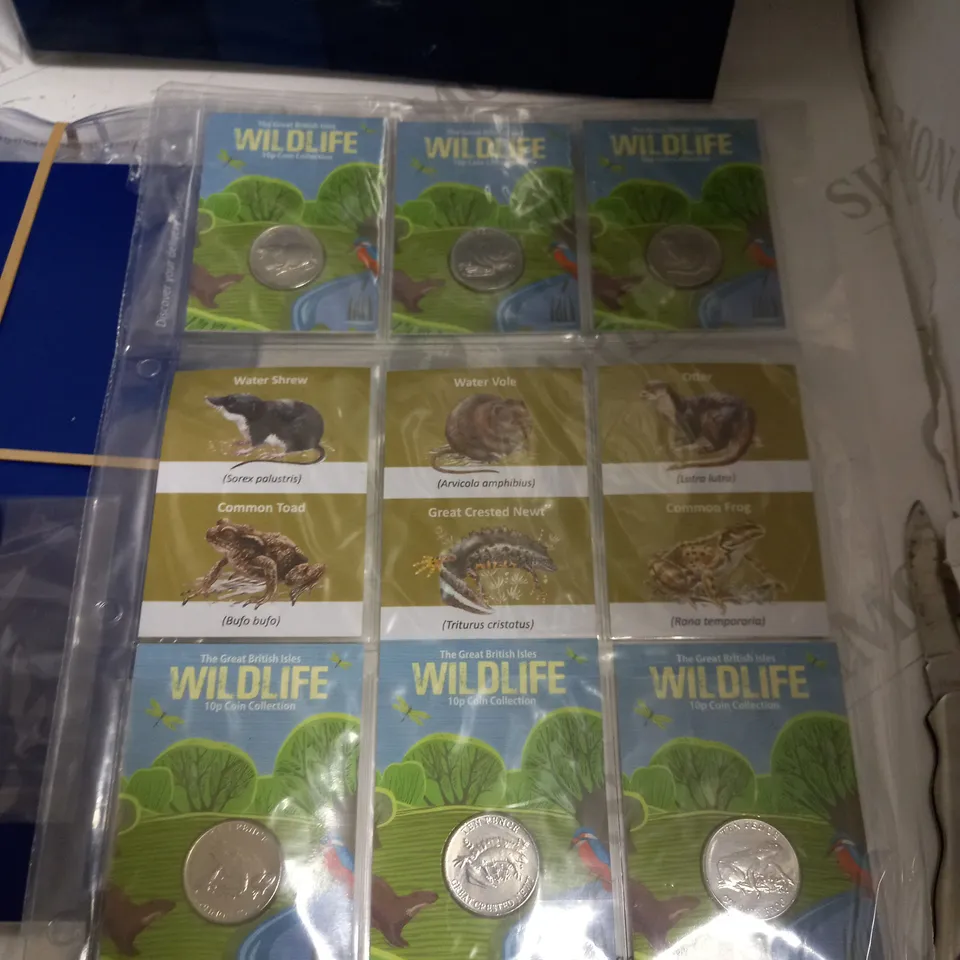 BOX TO CONTAIN AN ASSORTMENT OF COLLECTORS COINS, BINDERS AND COLLECTING POUCHES, INCLUDES RAF COINS, ROYAL FAMILY COINS, WILDLIFE COINS ETC 