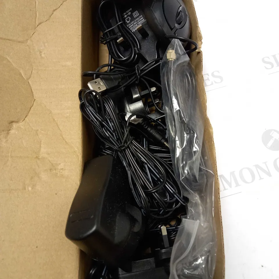 BOX OF AC ADAPTERS AND COMPUTER MOUSE