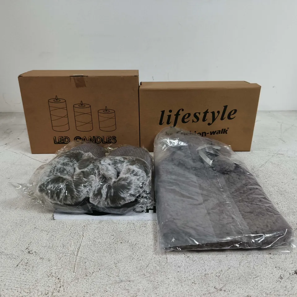 BOX OF APPROXIMATELY 20 ASSORTED ITEMS TO INCLUDE LED CANDLES, SLIPPERS, HOT WATER BOTTLE ETC
