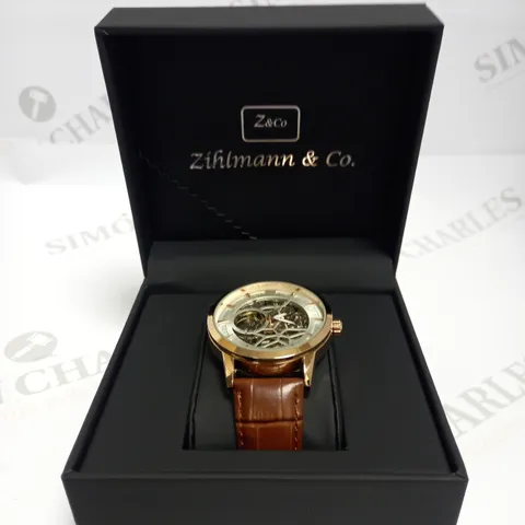 MENS ZIHLMANN & CO AUTOMATIC WATCH - Z210 – SKELETON DIAL – GOLD COLOUR CASE – GENUINE LEATHER – HAND ASSEMBLED 
