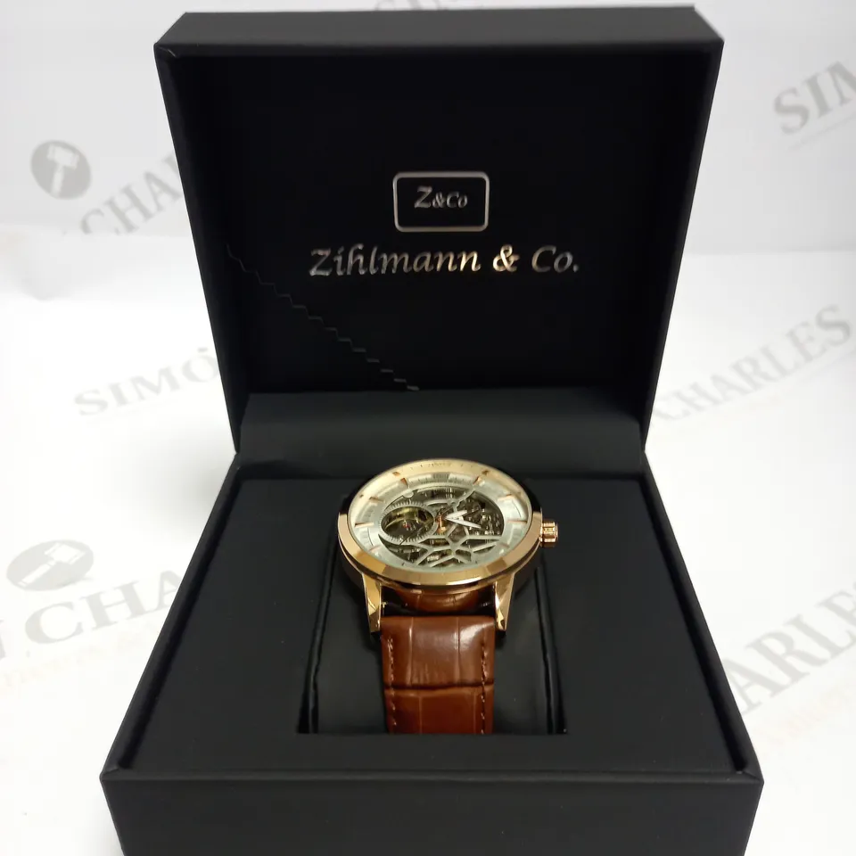 MENS ZIHLMANN & CO AUTOMATIC WATCH - Z210 – SKELETON DIAL – GOLD COLOUR CASE – GENUINE LEATHER – HAND ASSEMBLED 