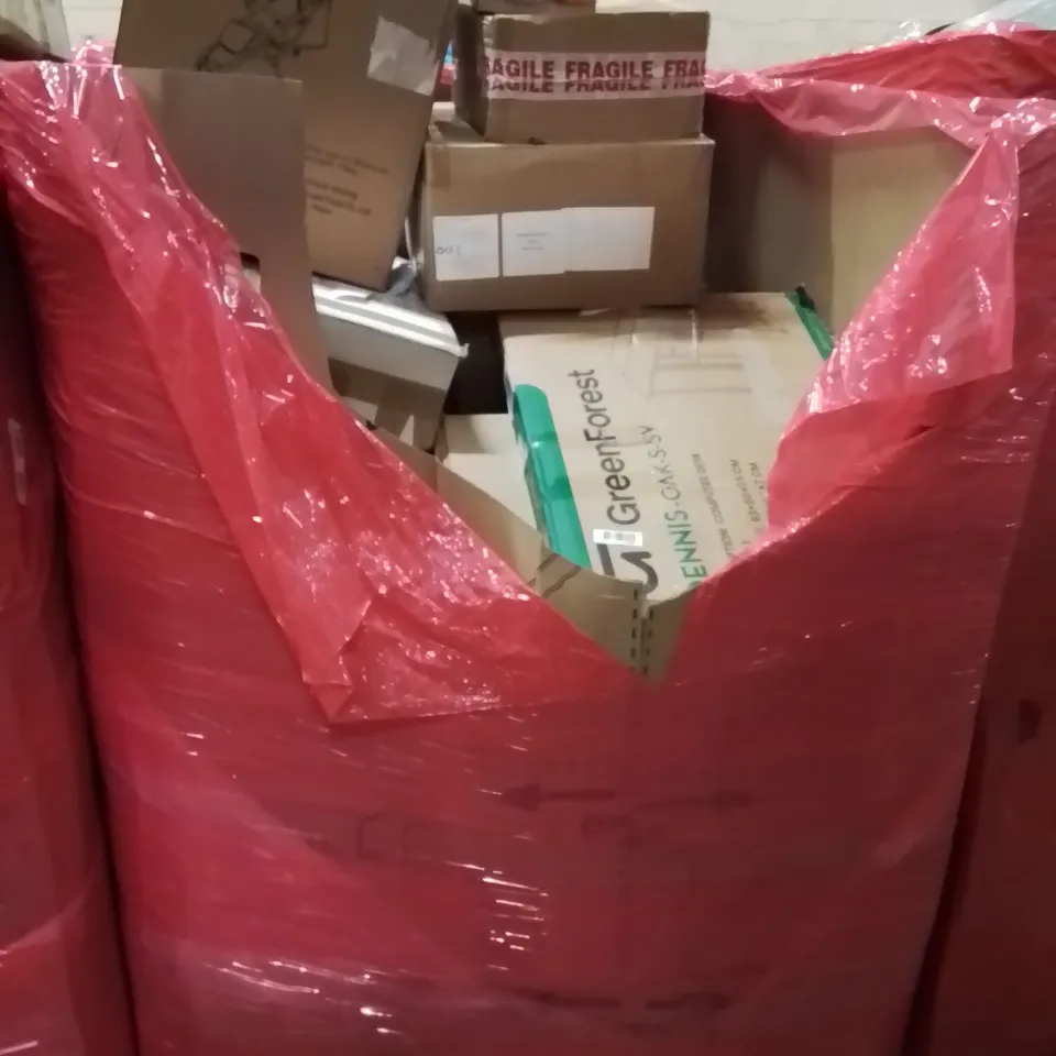 PALLET CONTAINING VARIOUS ASSORTED BOXED HOUSEHOLD ITEMS TO INCLUDE: PUSHCHAIR, AUTOMATICVEG CUTTER, SEWING MACHINE, COMPUTER DESK, AND LOTS MORE UNMARKED BOXED ITEMS 