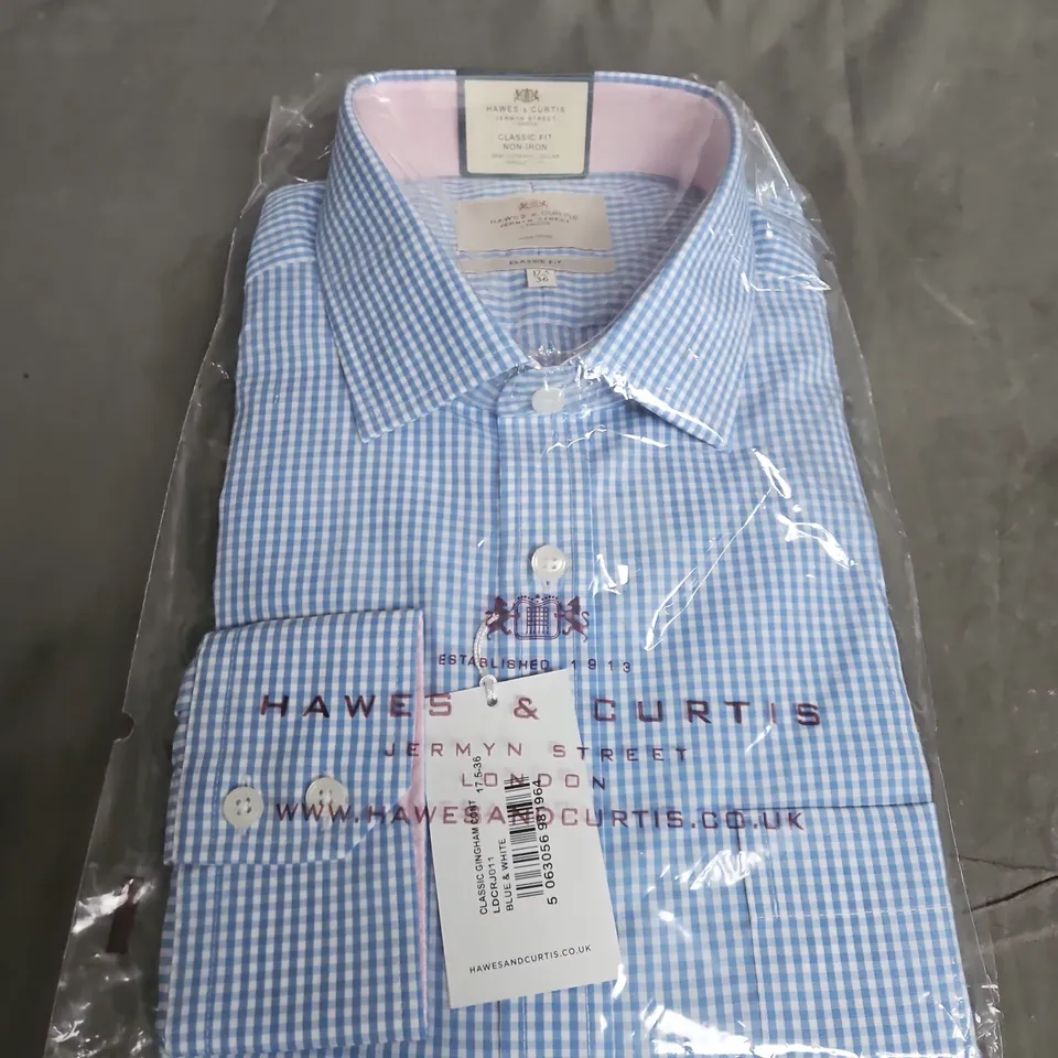 HAWES & CURTIS BLUE GINGHAM SHIRT - CLASSIC FIT NON-IRON - SIZE 36
