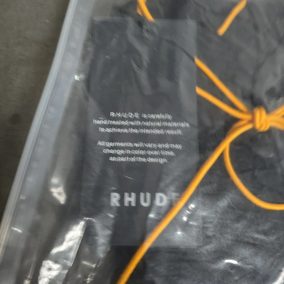RHUDE BLACK SWIMS SHORTS WITH ORANGE DRAWSTRINGS – SIZE M
