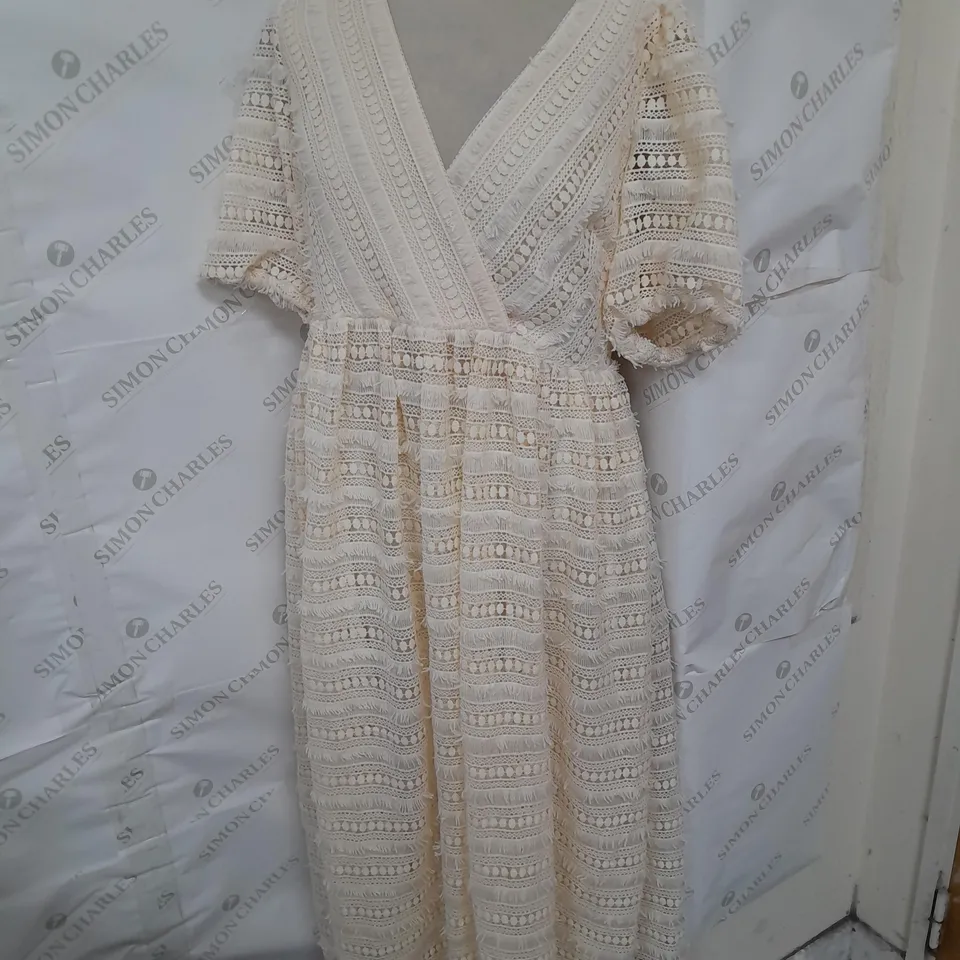 OASIS WRAP FRONT PUFF SLEEVE LACE MIDI DRESS IN IVORY SIZE 12