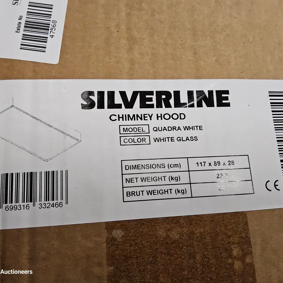 BOXED SILVERLINE QUADRA WHITE GLASS CHIMNEY HOOD