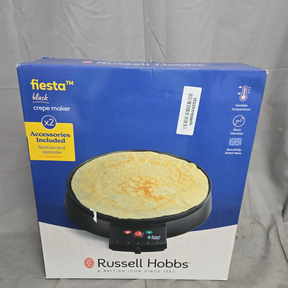 RUSSELL HOBBS FIESTA BLACK CREPE MAKER – BOXED WITH SPATULA & SPREADER (2 ACCESSORIES INCLUDED)