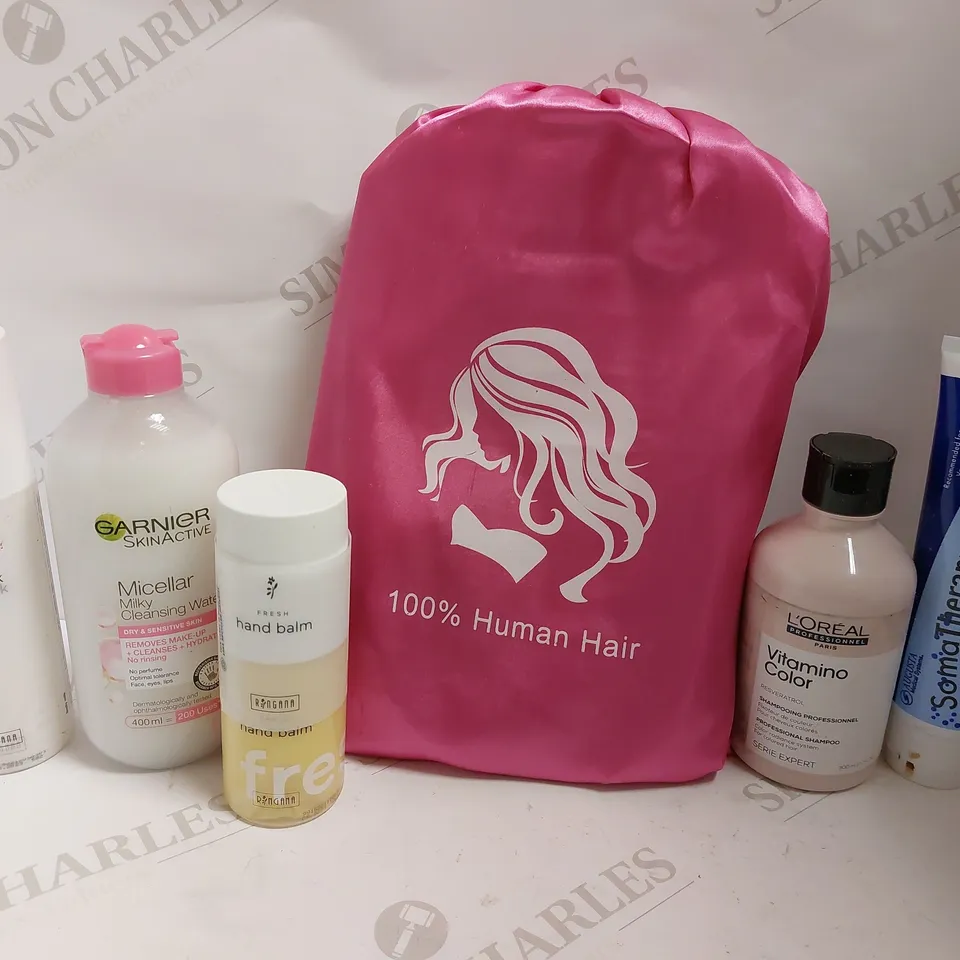 BOX OF APPROX 20 COSMETIC ITEMS TO INCLUDE GARNIER MICELLAR MILKY CLEANSING WATER, FRESH BODY MILK AND HAIR EXTENSIONS