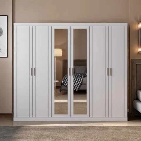 BOXED KIMBERLEY 6 DOOR WARDROBE WITH MIRROR - WHITE (3 BOXES)