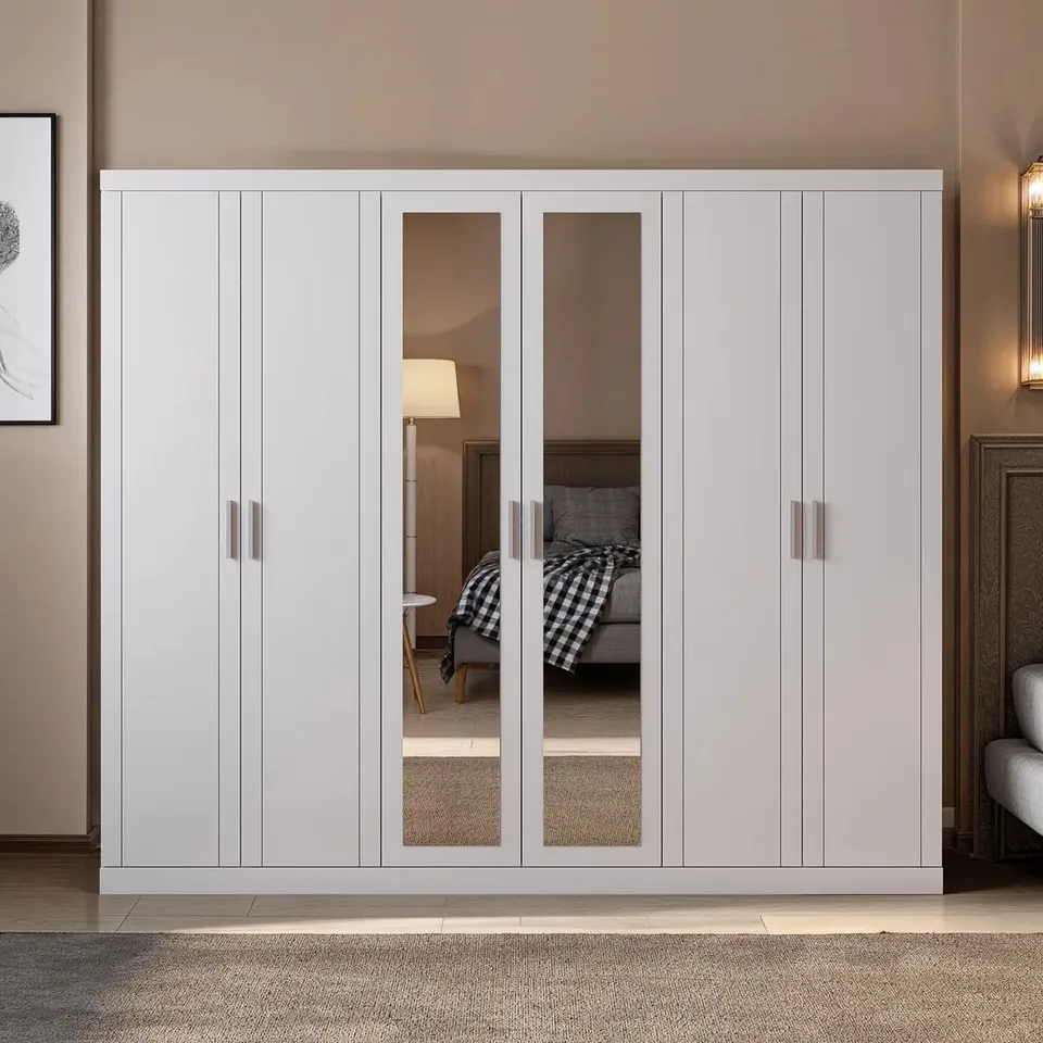 BOXED KIMBERLEY 6 DOOR WARDROBE WITH MIRROR - WHITE (3 BOXES)