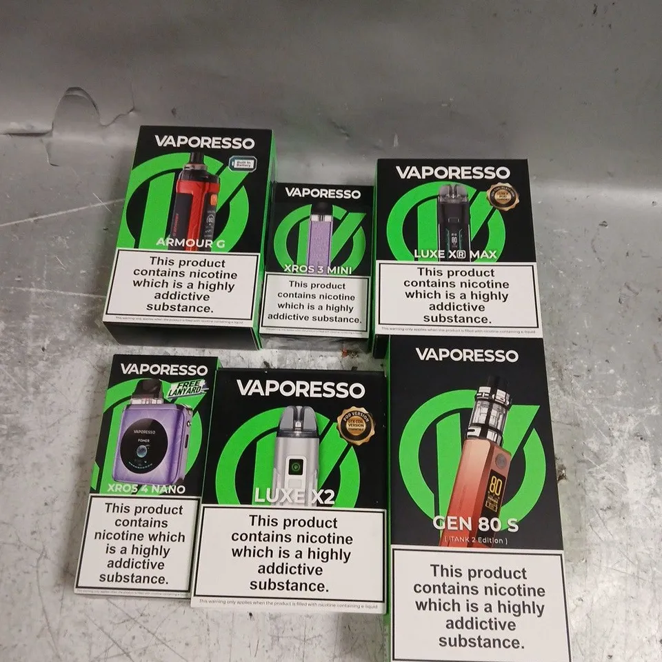 APPROXIMATELY 30 ASSORTED VAPE & E-CIGARETTE PRODUCTS TO INCLUDE VAPORESSO ARMOUR G, VAPORESSO LUXE XR MAX, VAPORESSO GEN 80 S, ETC