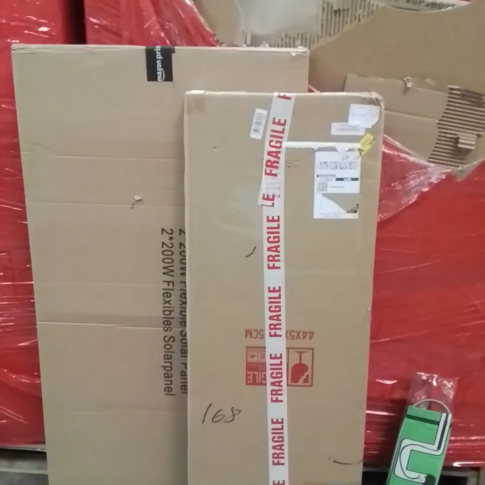 PALLET OF ASSORTED HOUSEHOLD GOODS AND PRODUCTS TO INCLUDE;TOILET AUGER,FULL LENGTH MIRROR,FLEXIBLE SOLAR PANEL