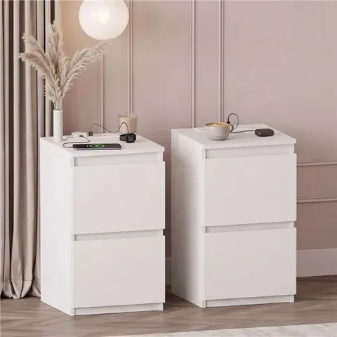 BOXED LASSIC VIDA DESIGNS DENVER 2 DRAWER BEDSIDE CHEST WITH POWER OUTLET SET OF 2 - WHITE