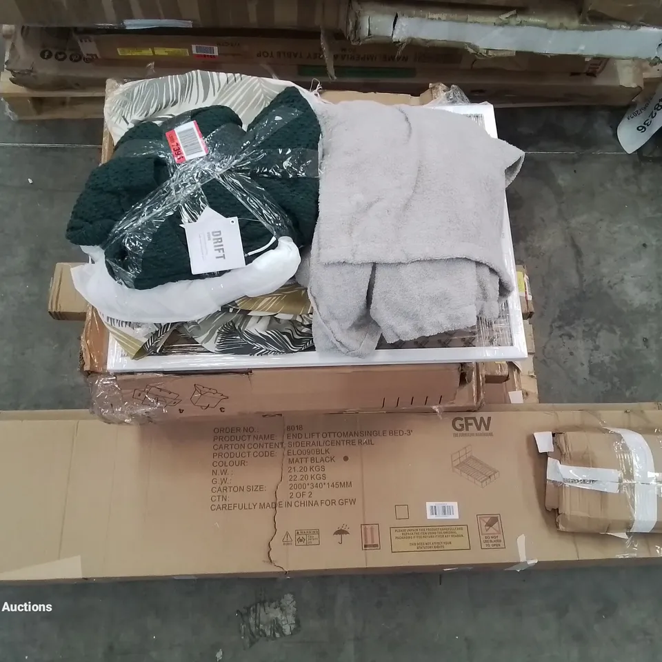 PALLET OF ASSORTED BEDROOM AND HOUSE FURNITURE PARTS ETC.