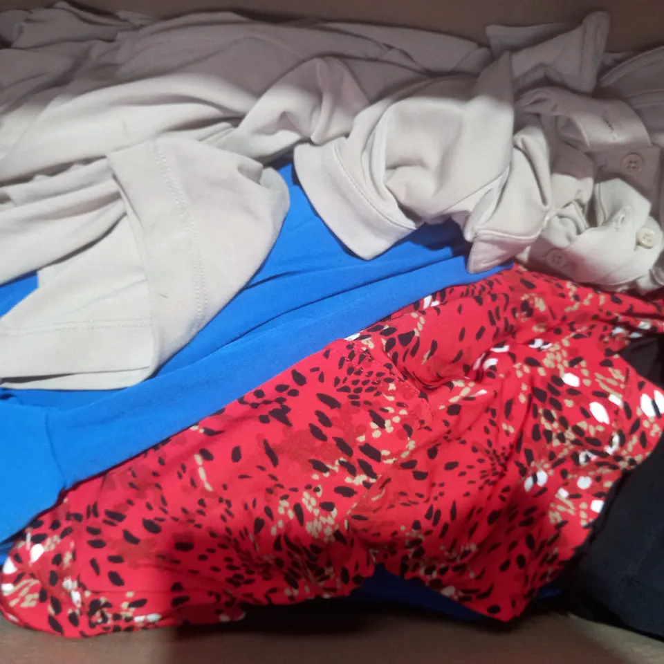 BOX OF APPROXIMATELY 15 ASSORTED CLOTHING AND FASHION ITEMS IN VARIOUS STYLES AND SIZES TO INCLUDE RUTH LANGSFORD, ISAACMIZRAHI LIVE, ETC