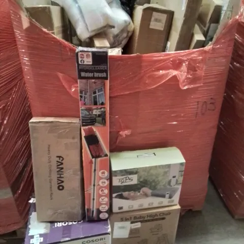 PALLET CONTAINING VARIOUS ASSORTED BOXED HOUSEHOLD ITEMS TO INCLUDE: SMART AIR FRYER, HEATED THROW, BABY HIGH CHAIR,  HEAVY DUTY CLOTHES RACK AND LOTS MORE UNMARKED BOXED ITEMS 