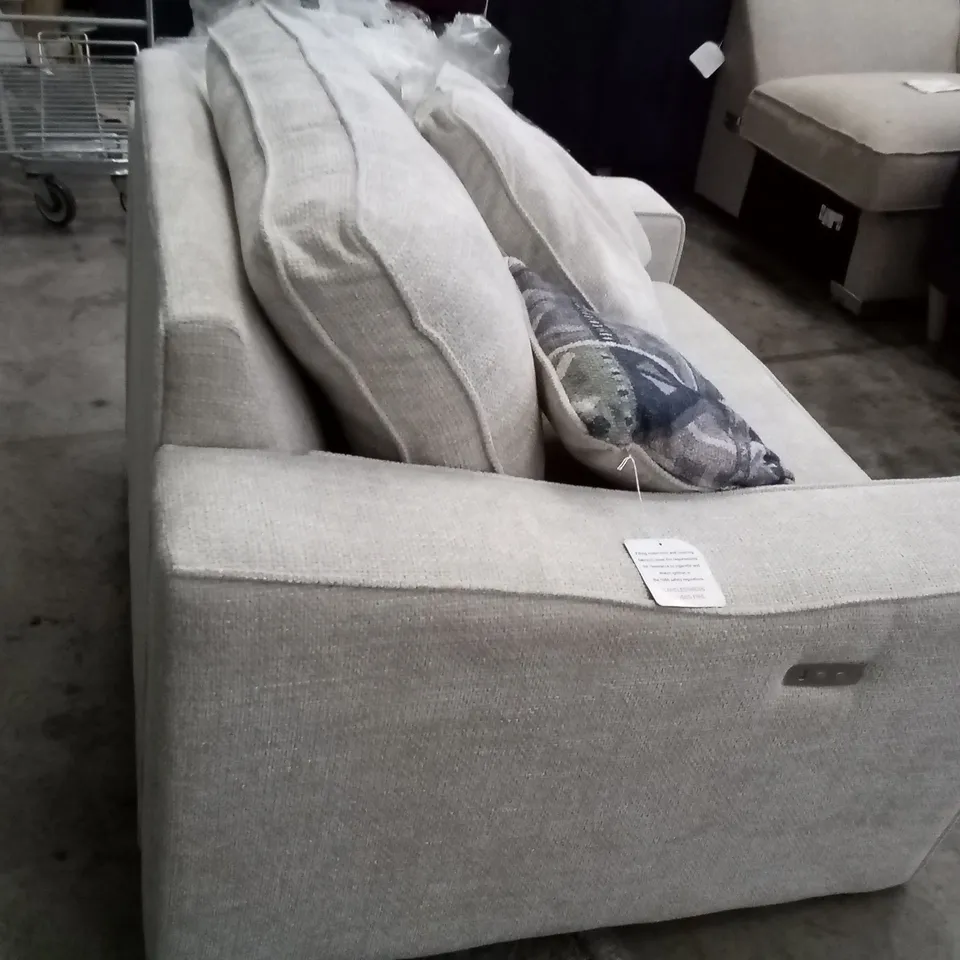 QUALITY DESIGNER COOPER CUDDLER POWER RECLINER SOFA BASE COLOUR - CHUNKI NATURAL / SCATTER CUSHION - MODASA GREY 