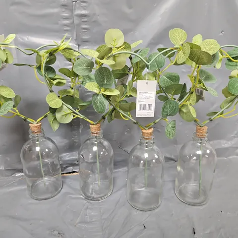 4 FAUX FLORA HEART SHAPED EUCALYPTUS GLASS BOTTLES - COLLECTION ONLY