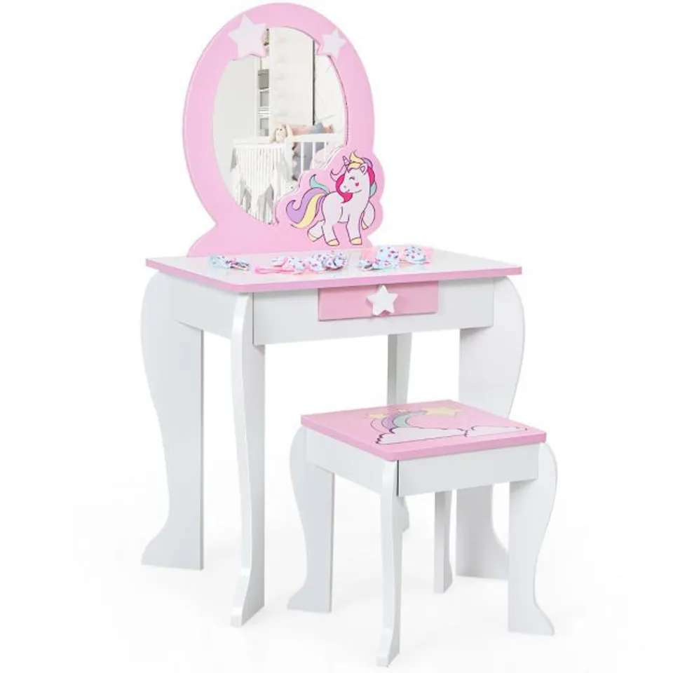 BOXED COSTWAY KIDS VANITY TABLE AND CHAIR SET WITH MIRROR AND DETACHABLE TOP - WHITE